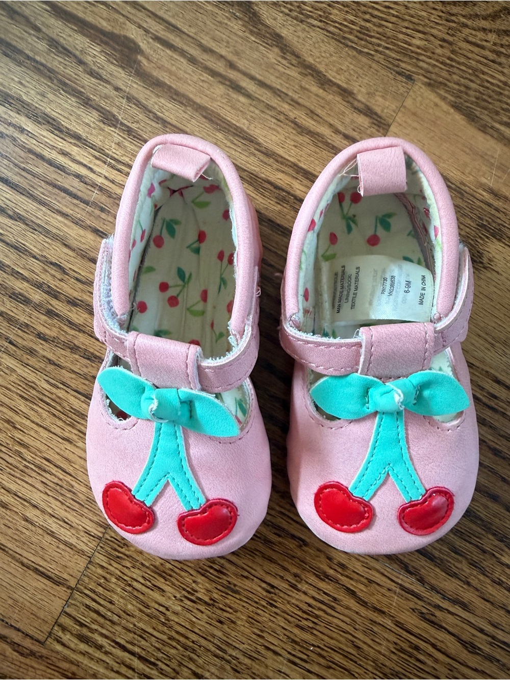 Carter's Pink Leather Shoes with Red Cherries and Mint Bow